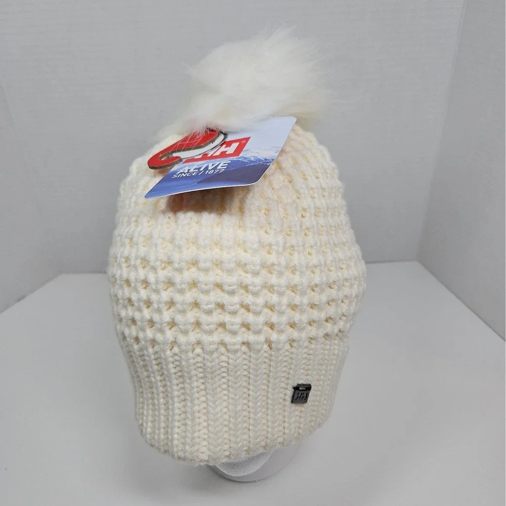 Helly Hansen Womens Ivory Snowfall Faux Fur Lined Pom Pom Beanie NWT